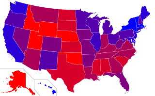 USA Red and Blue States, for Republican and Democratic party outcomes, purple mixtures (Source: Wikipedia)